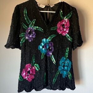 Floral Sequin Embellished Black Top